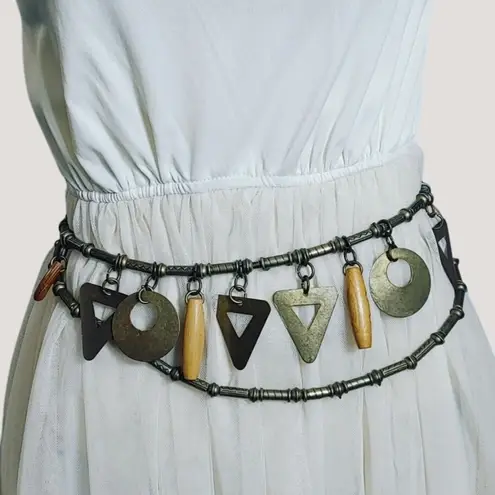 Geometric Shape Charm Belt Vintage Brass Wood Versatile Adjustable Chain Closure Size 36