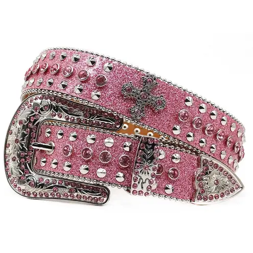Western Pink Rhinestone Studded Leather Belt Bling Cowgirl Y2K