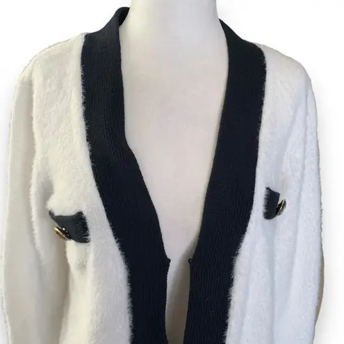 Boston Proper White Black Gold Button Colorblock V Neck Cardigan XS Fuzzy Plush - Image 4