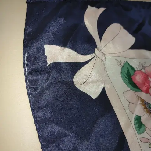 Flowers Floral Print Satin Square Scarf 30 by 30 Navy Border Bow Design