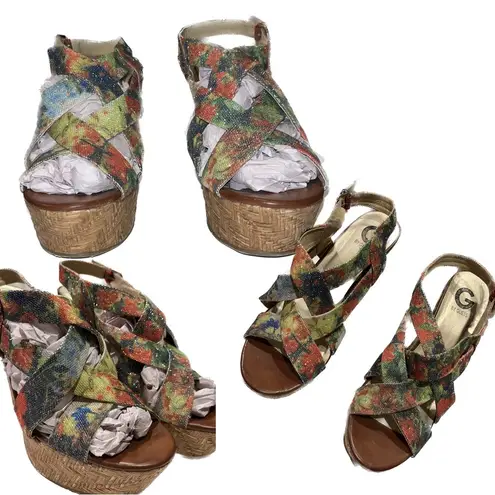 G by Guess Floral Vibrant Glitter Strappy Wedges Platform Shoes - Size 11M