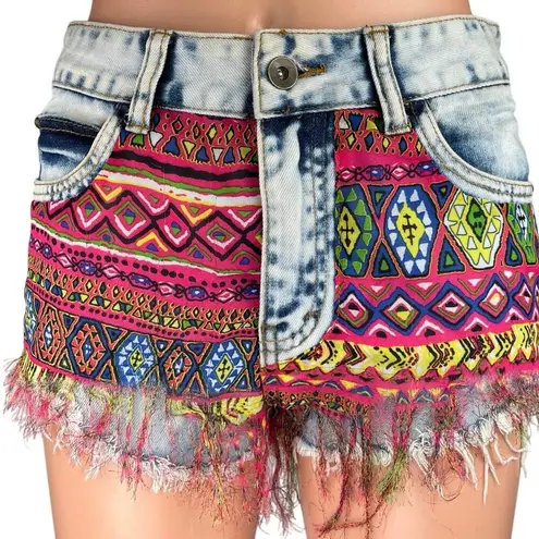 Twelve by Ontwelfth Multicolor Tribal Aztec Western Cut Off Denim Jean Shorts 28 Blue