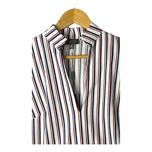 Greysn Striped Blouse Balloon Sleeve Mock Neck Red White Blue Women Medium NWT