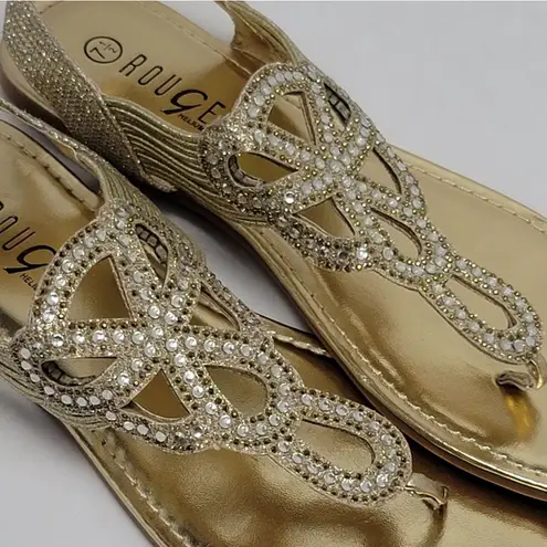 Rouge Helium Women's Rhinostone Thong Slip On Slingback Flat Sandals Gold Sz 7.5