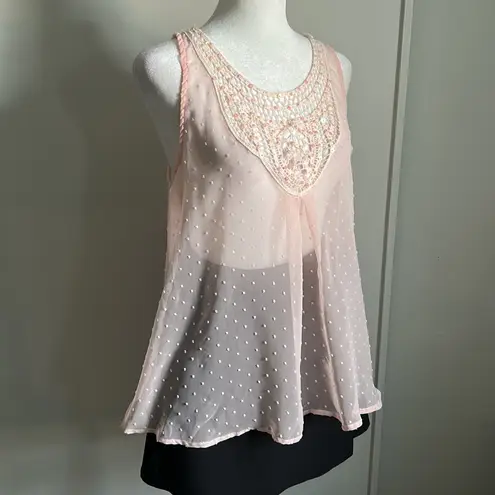 Romantic Sheer Pale Pink Crochet Scoop Neckline Textured Tank Top