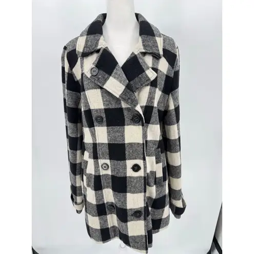 Fox Racing Vintage Y2K Black & Cream Buffalo Plaid Double Breasted Peacoat by XL