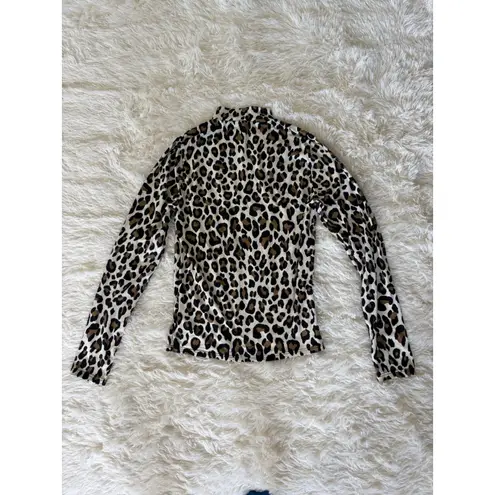 Gaze Leopard Print Mock Neck Long Sleeve Small Top Animal Print Brown