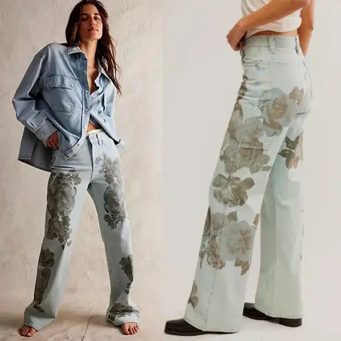Free People NEW  Tinsley Baggy Floral Printed Utility Jeans Daylight Combo Sz 25