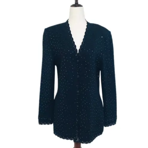 St. John EVENING Black Knit Embellished Blazer Jacket Button Front Size 8