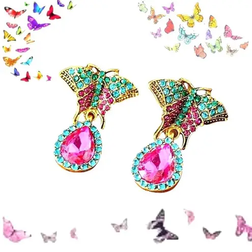 Butterfly Earrings Rhinestones Drop Dangle Crystal Accents Art Deco Festive New Purple