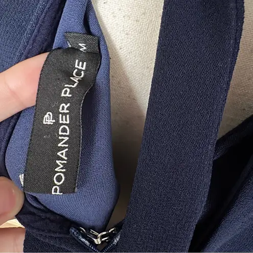 TICKERNUCK POMANDER PLACE Navy Faye Blouse High Neck Top Back Tie Size Medium Blue