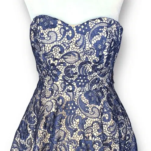 Camille La Vie Navy Blue Strapless Floral Lace Dress Tulle Underskirt Prom 1/2