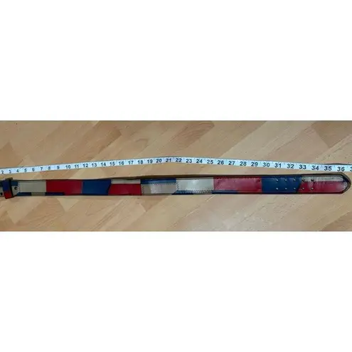 Vintage Multicolored Patchwork Tan Red & Blue Color Block Leather Belt Size 32