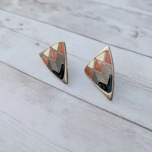 Vintage Stud Earrings Statement Burnt Orange, Cream, Black, Gold Tone