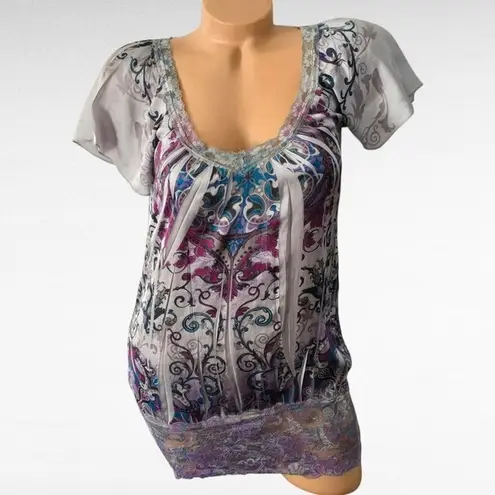 Vanity Paisley Lace Trim Top Womens Small Flutter Sleeve Gray Purple