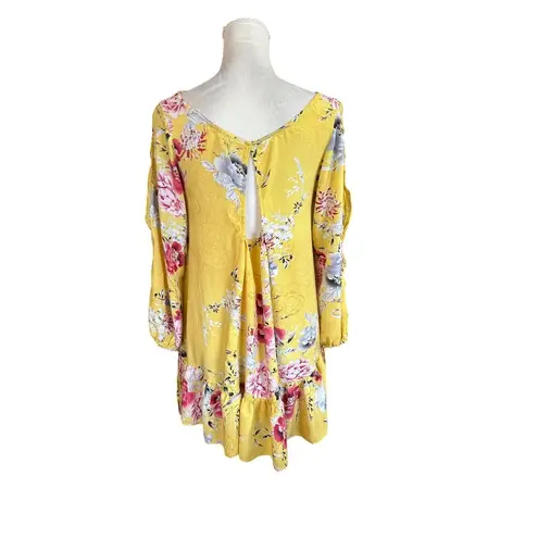 Jaase Maya Yellow Floral Print Mini DRess Split Sleeve Ruffle Hem Boho Flowy S