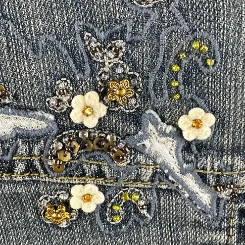 Brandon Thomas Womens Jean Denim Trucker Jacket Embellished Floral Size Small Blue