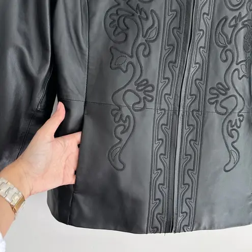 Vintage Leather Jacket Womens Large Embroidery Boho Chic Artsy Festival Vampire Black