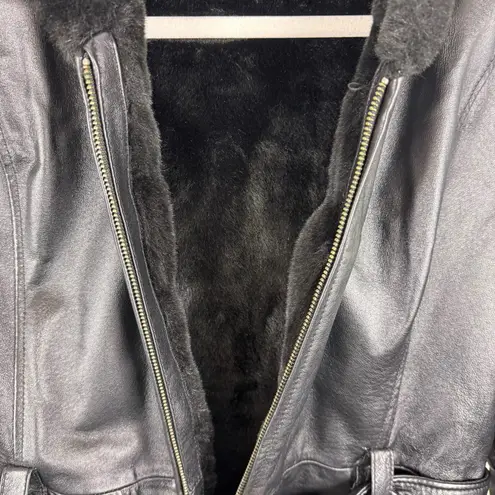 PELLE Black Genuine Leather Hooded Belted Faux Fur Lined Full Zip Jacket Size L Size L