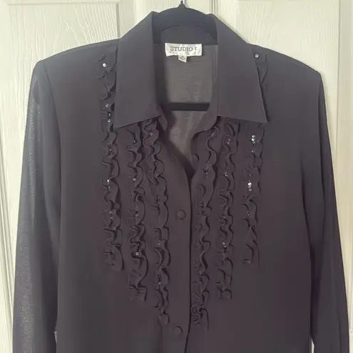 Studio I Vintage  Black Button Down Shirt ruffles sequins size 10