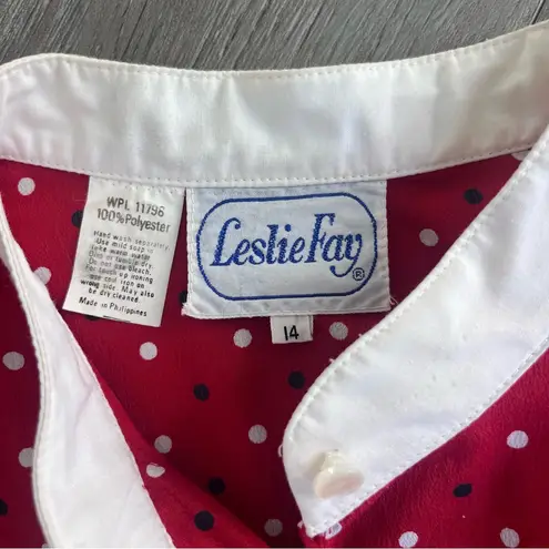 Leslie Fay Vintage Red Polka Dot Long Sleeve White Collar Midi Dress Belted 14