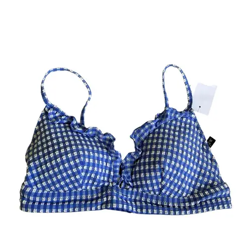 NWT J.Crew Factory Blue & White Gingham Seersucker French Bikini Ruffle Top Sml