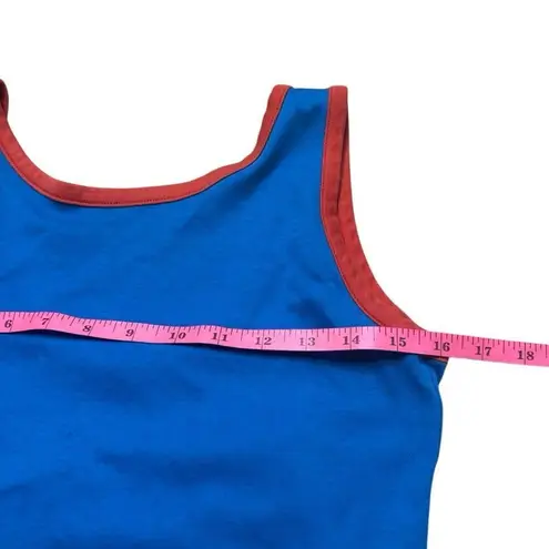 70s Vintage Fritzi of California Blue Cotton Midi Dress Sleeveless Red Trim Med