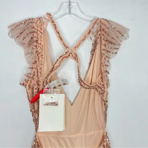 Mac Duggal 5682 Sequined Flutter Cap Sleeve Cut Out A-Line Gown, Apricot, Size 8 - Image 6