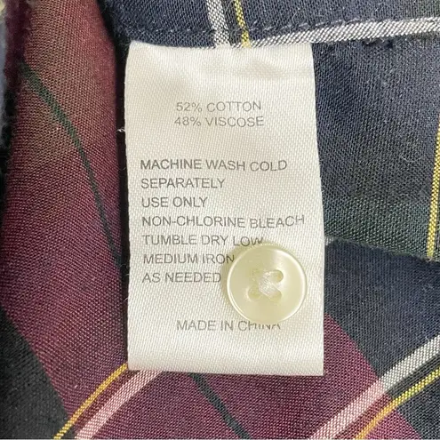 Trovata Birds of Paradis Caroline Ruffle Cuff Blouse Wine Navy Plaid Size Small Blue