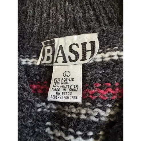 BASH Full Zip Knit Sweater Jacket L Nordic Fair Isle Pattern Gray Red Wool Blend Size L