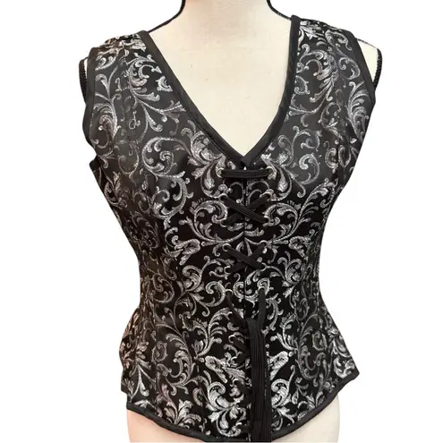 Steel boned Corset Queens sz 30 lace up side zip Black Silver Brocade slimming