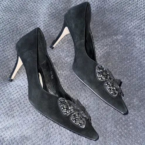 Alomore Black Suede Rhinestone Bow Flats 7.5 Pointed Toe Leather Sole heels
