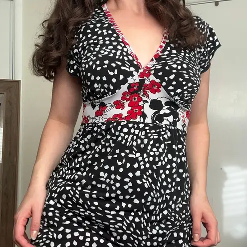 Susan Lawrence Vtg S Made in USA Black Red Floral Babydoll Tunic Blouse Y2K 90s Fairy Grunge