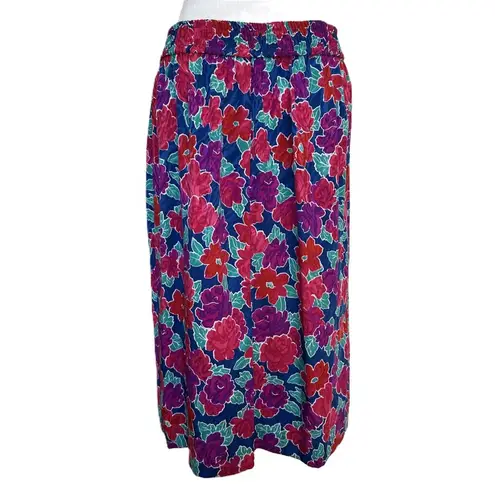 Vintage Floral Midi Skirt Size L Bright 80s Elastic Waist Pleated Front Size L