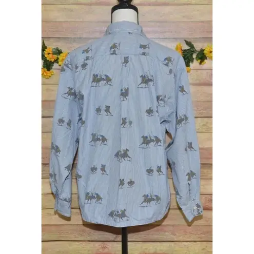 British Khaki Vintage Rare Ladies 10 Blue Pinstripe Button Down Shirt Polo Horse