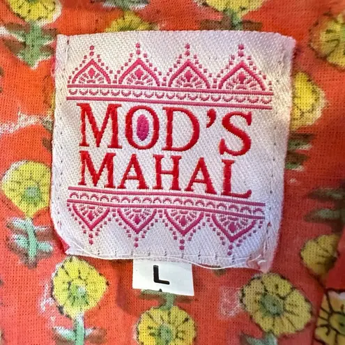 Mod’s Mahal Indian Cotton Block Print Retro 70s Button Down Shirt Size Large Orange