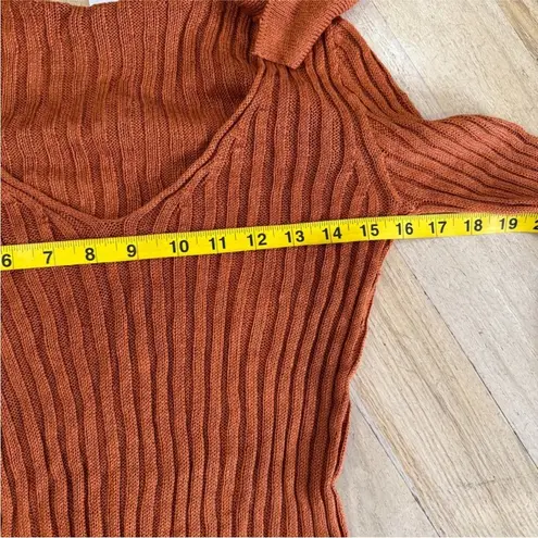Baserange 100% linen etel long sleeve rib top with neck tie in umber NEW
