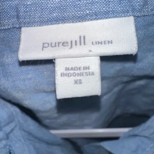 Pure Jill Linen Dress Women XS Button Down Roll Tab Sleeve Pockets Blue Casual