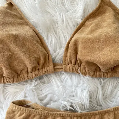 Vintage Tan Faux Suede Halter Triangle High Cut Bikini Swimsuit Boho Western Size M