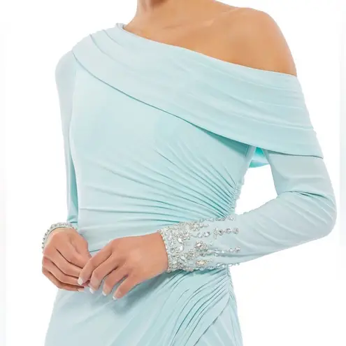 Mac Duggal 26485 Blue Foldover Long Sleeve Jeweled Midi Dress