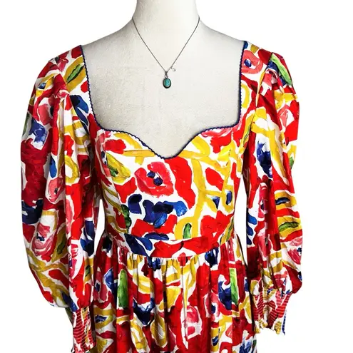De Loreta Sweetheart Puff Sleeve Cotton Maxi Dress M | Vibrant Abstract Dopamine Red Size M