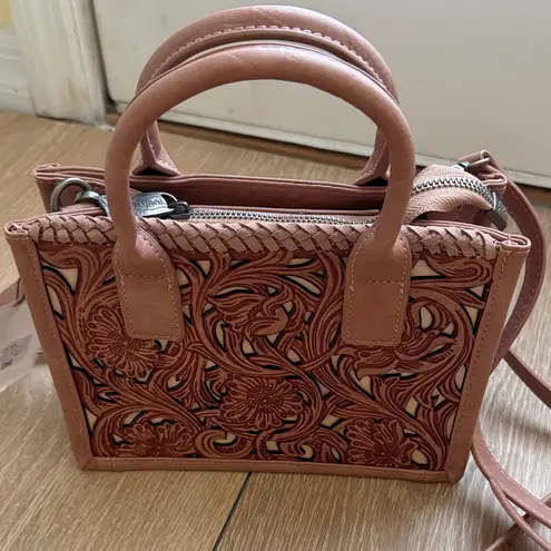 Trinity Ranch Floral Tooled Pink Mini Tote/Crossbody Brown