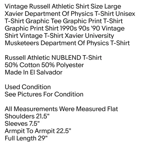 Russell Athletic Vintage  Shirt Size Large Xavier Department Of Physics T-Shirt Unisex T-Shirt