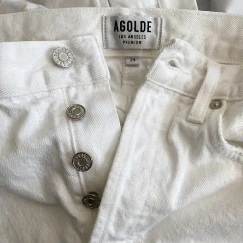 AGOLDE Size 24 White Button Fly Raw Hem Distressed Denim Jean Mini Skirt