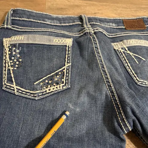 BKE Stella Boot Cut Stretch Jeans Rhinestones Distressed Whiskers Womens 27x31