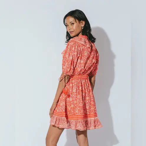 Cleobella Blair Tassel-Cuff Ruffle Short Sleeve Mini Dress Floral Orange Small S
