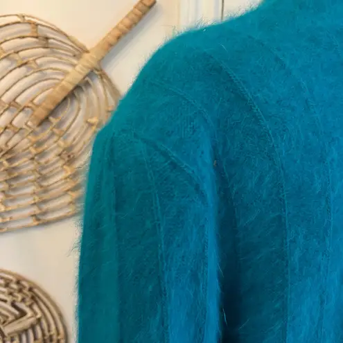 Vintage Teal Angora Blend Oversized Cardigan Open Front Knit Sweater Coat XL Blue