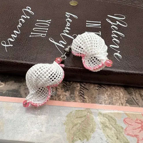 Vintage Handmade White Mesh & Pink Beaded Drop Earrings Retro 80s