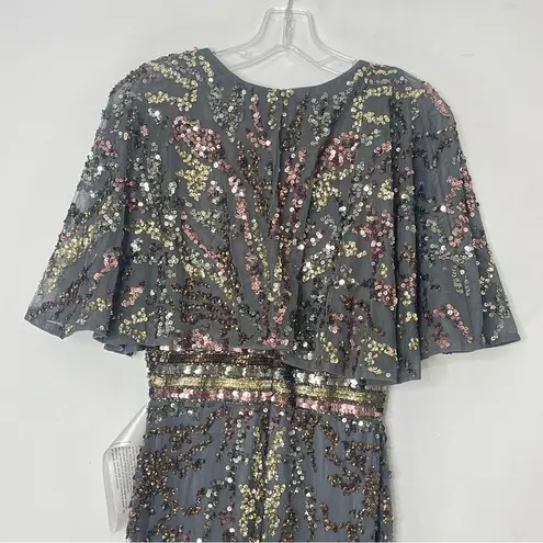 Mac Duggal 5439 Short Cape Flutter Sleeve Sequined Gown in Charcoal, Size 4