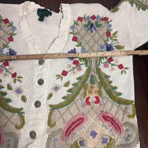 Cullinane Hand Knit Vtg 80s Sweater Floral Button Up VNeck 3d Women’s Sz MED